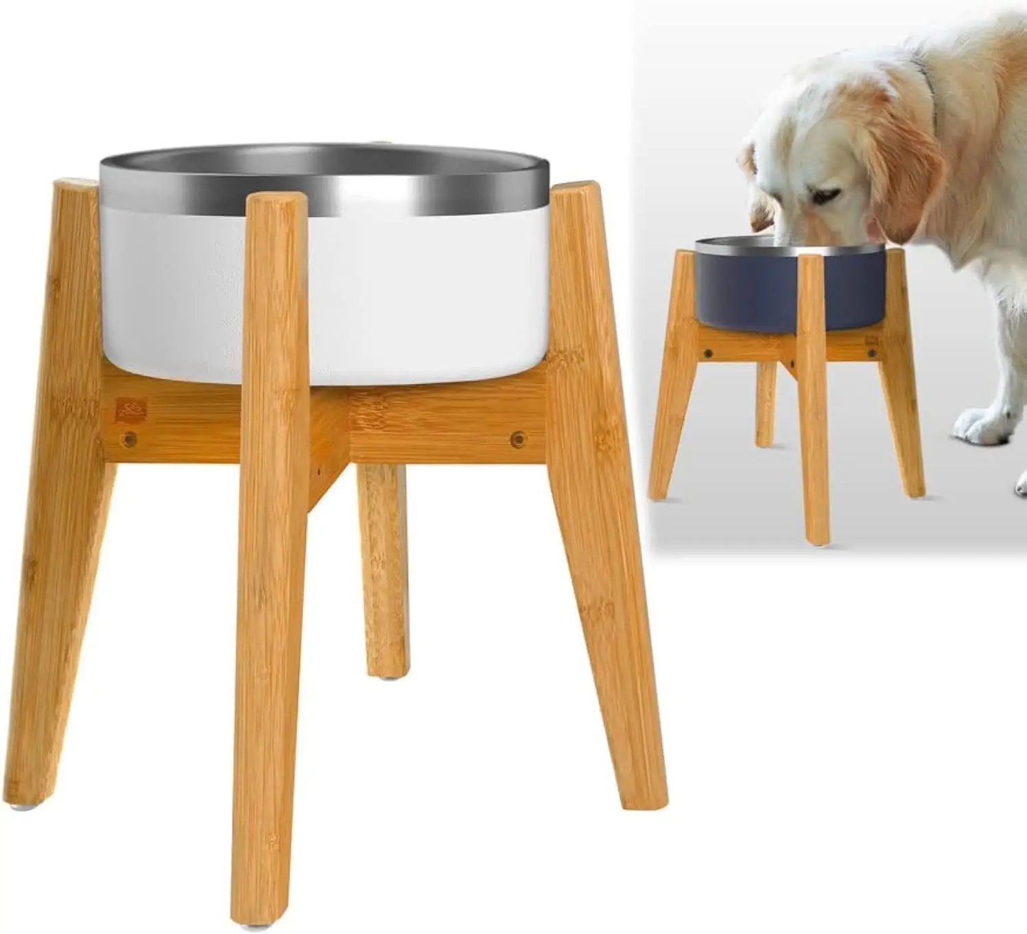 

Adjustable Bamboo Dog Bowl Stand for Large Breeds, Elevates Bowls Up to 15 Inches High, Expandable Design