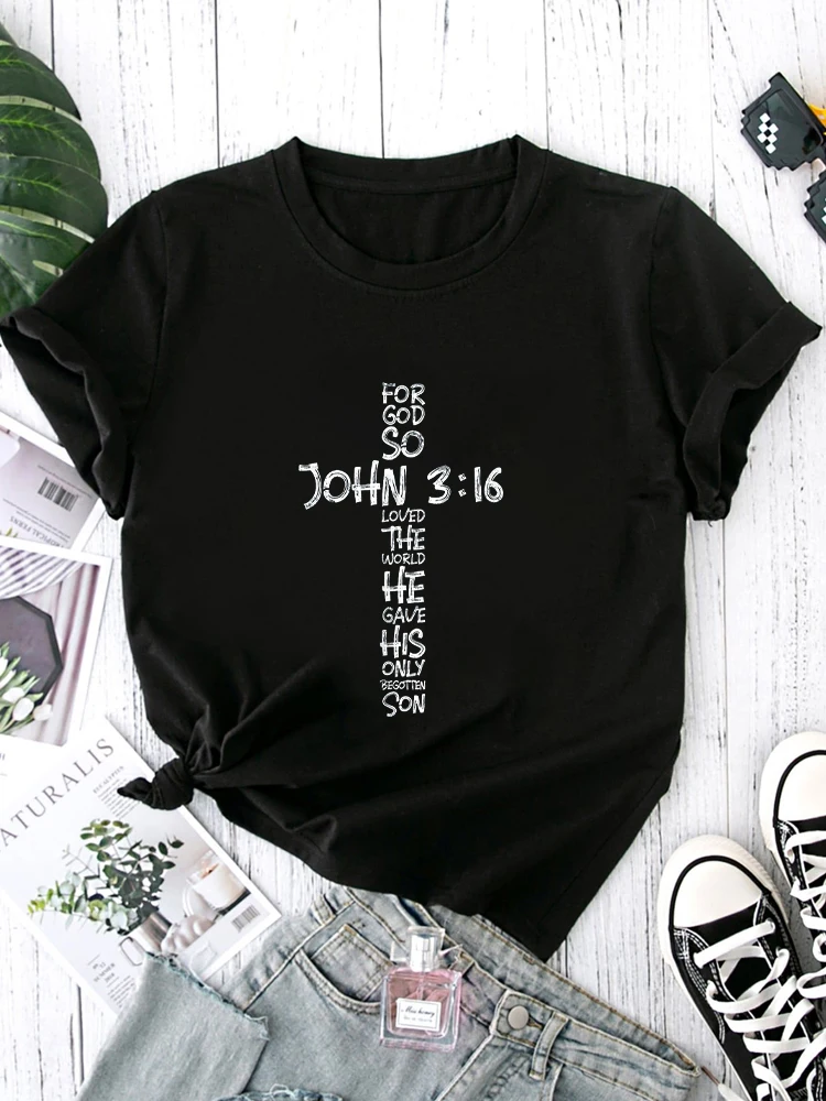 Christian Cross Religious Bible Verse Gifts Letter Polyester Breathable Tee Shirt Crew Neck Casual T Shirts For Women