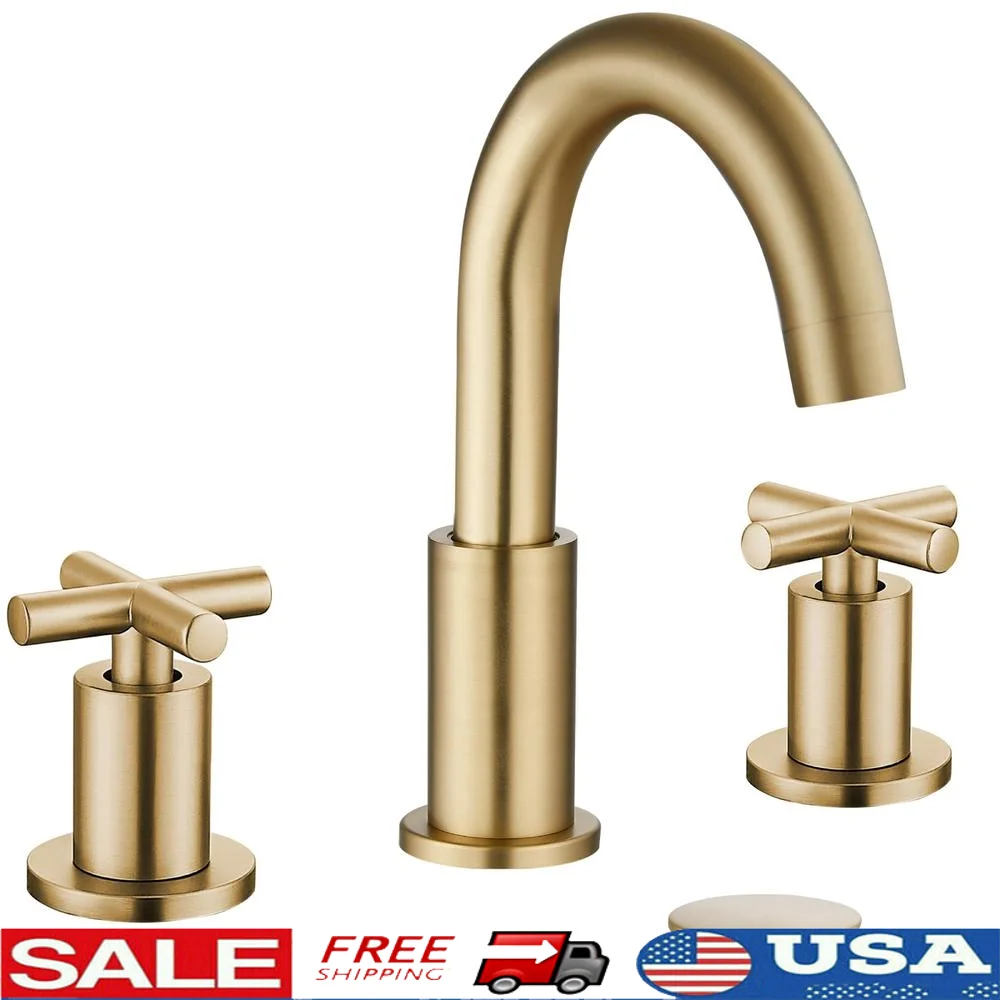 Basin Vanity Faucet Cross Handle 3 Hole Bathroom Sink Deck Mount Brass Water Outlet 360-degree Rotating Spout Anti-Splash Filter