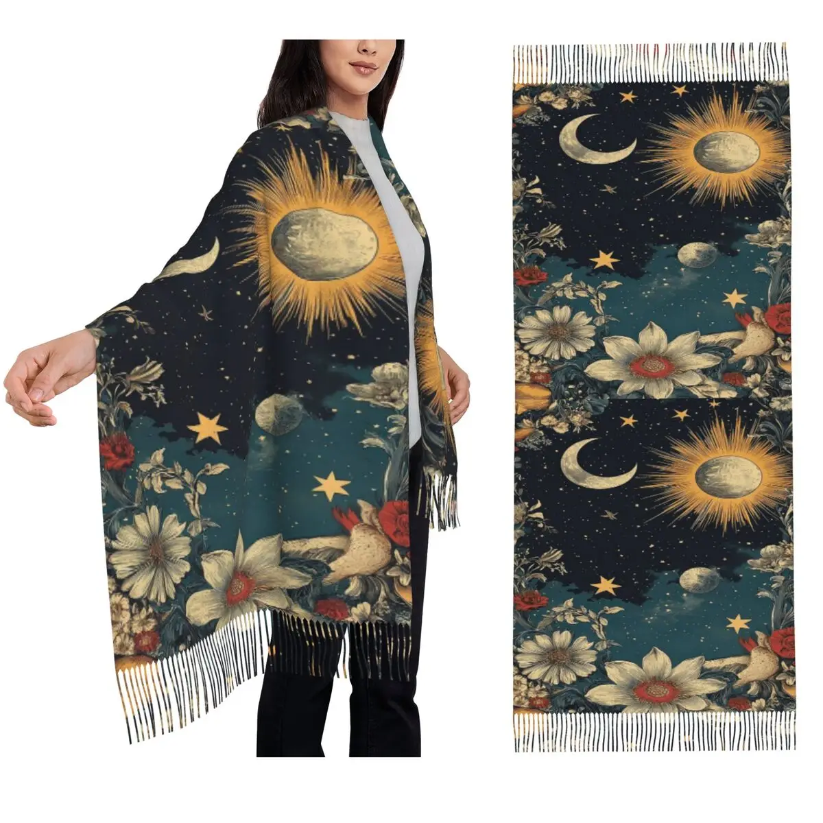 العصرية الشمس القمر بوهو كوزموس علم التنجيم وشاح شرابة الأوشحة النساء لينة الدافئة شالات ويلتف طويل الخريف الشتاء شال التفاف