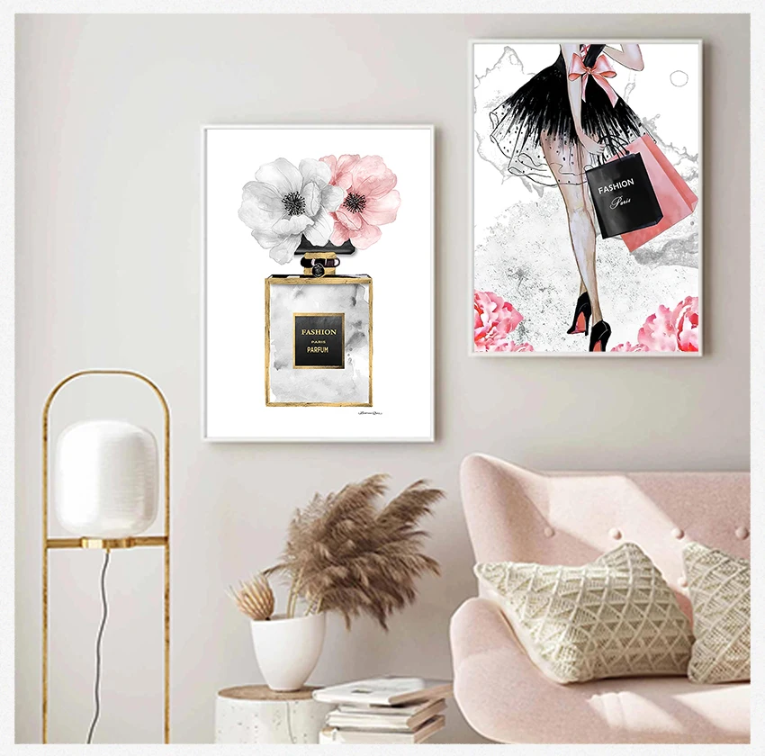 Posters And Prints Wall Art Canvas Painting Decoration Pictures Living Room Fashion Girl Paris Perfume Flower High heels Nordic