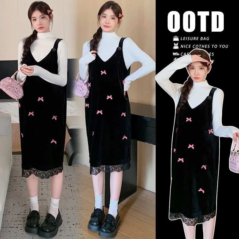 

Fashionable Pregnancy Dress Set Autumn High Neck Blouse with Bow Detail Velvet Lace Pinafore Trendy Maternity Two Piece Outfit
