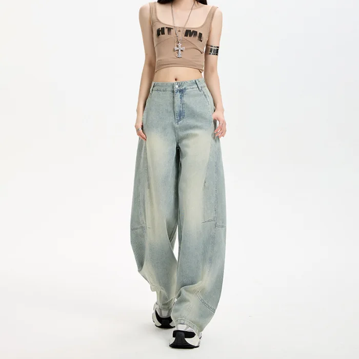 涼しく通気性の良いテンセルの薄手ハイウエストワイドジーンズ。 夏の女性のための新しいアメリカンレトロなルーズ三日月型ジーンズ
