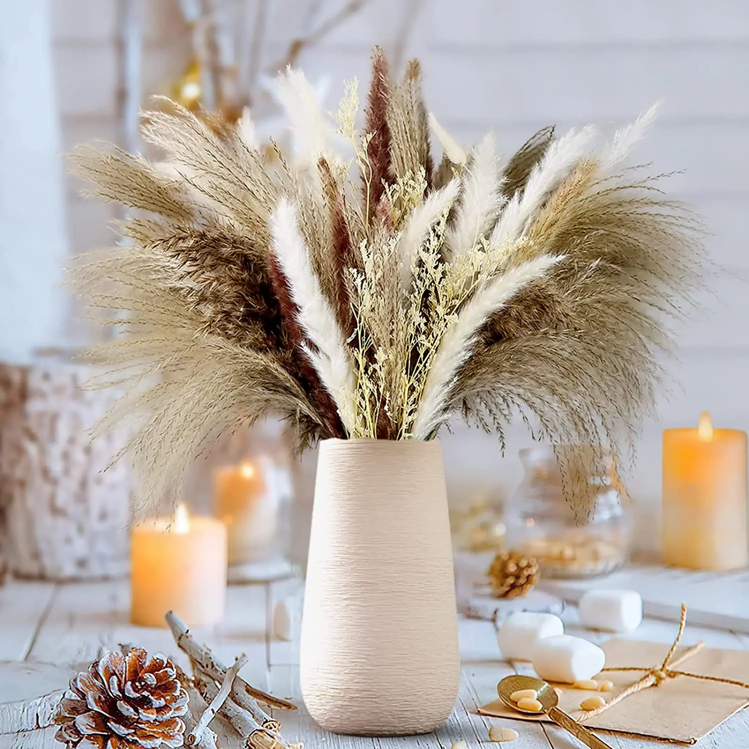 

80PCS Natural Dried Pampas Grass Bouquet,Boho Home Decor Bouquet, Phragmites Dried Flowers,Bouquet for Wedding Decor