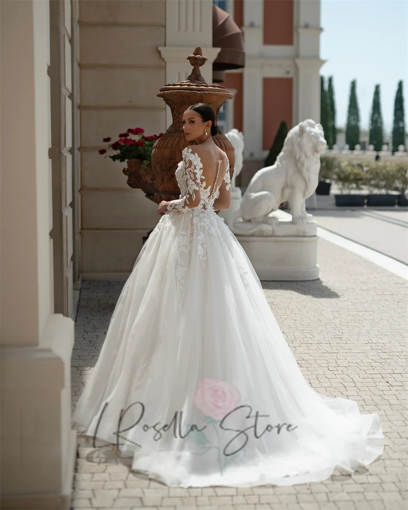 Scoop Neckline Long Tulle Sleeves Beaded Lace Applique Custome Wedding Dress Sweep Train Zipper Back Bridal Dresses 2025