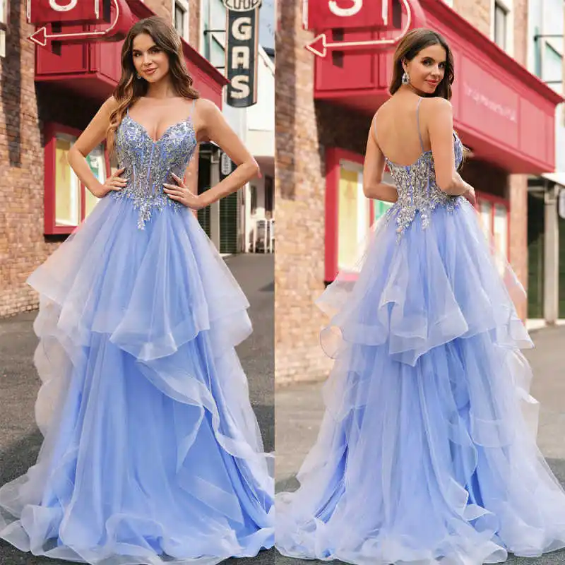 Elegant Evening Dresses Sleeveless Spaghetti Lace-up Applique Lace Sequins Formal Party Gown Prom Dresses Customized