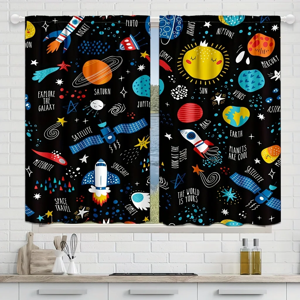 2Pcs Outer Space Window Curtains Cartoon Galaxy Planets Theme Rocket Spaceship for Playroom Bedroom Rod Pocket Window Drapes.