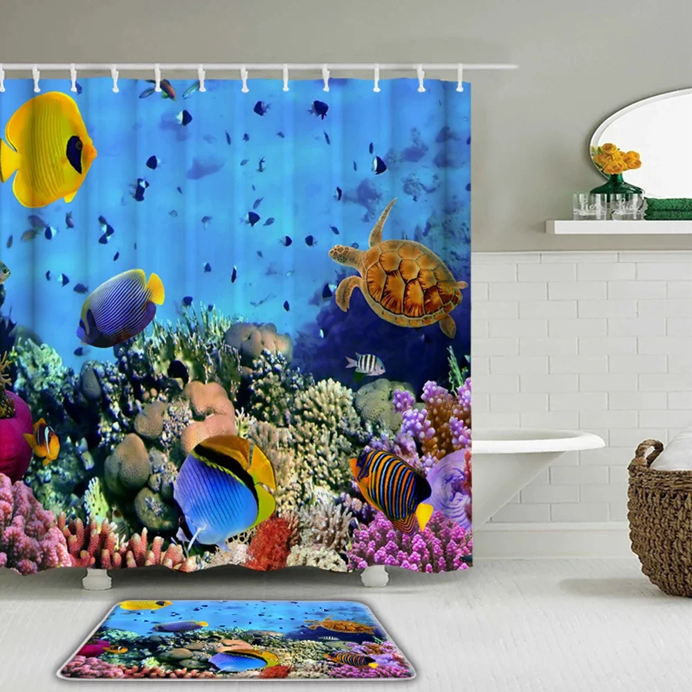 

Underwater World Fish Coral landscape Shower curtain Floor mat Bathroom Bathtub Partition Bathroom Waterproof Decoration