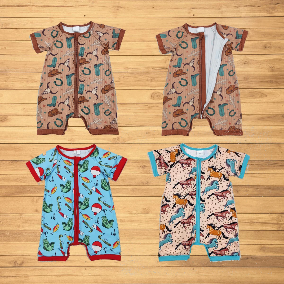 

Wholesale Summer hot sale western boutique newborn toddler Baby Girls Short Sleeves Brown Boots Hats Western Bull Zipper Rompers