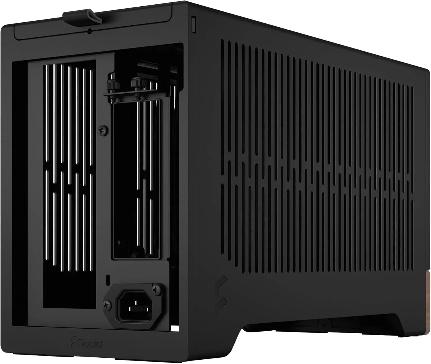 Compact Mini ITX Gaming Case with Walnut Front Panel, PCIe 4.0 Riser Cable, USB Type-C, and Anodized Aluminum Design