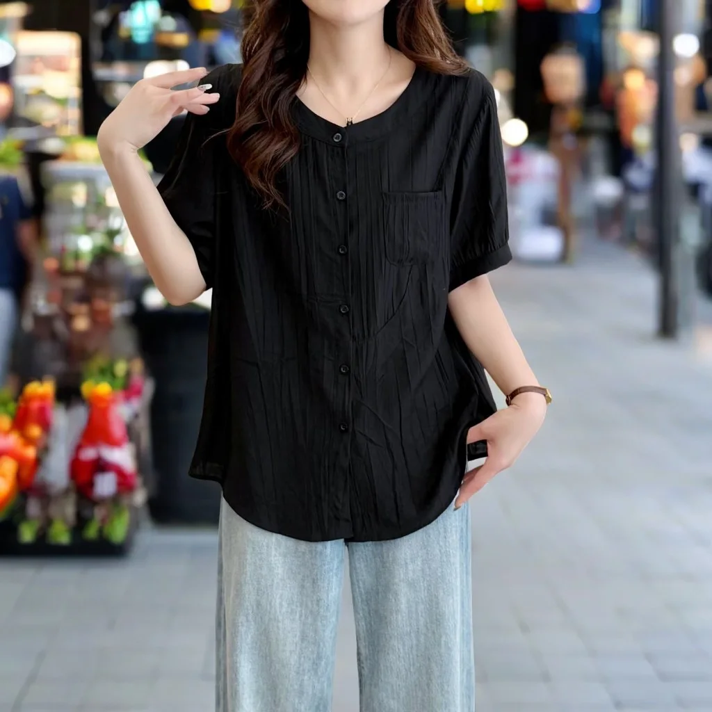 100kg 여름 블라우스 새로운 스타일 얇은 포켓 반팔 셔츠 플러스 사이즈 여성 캐주얼상의 2512