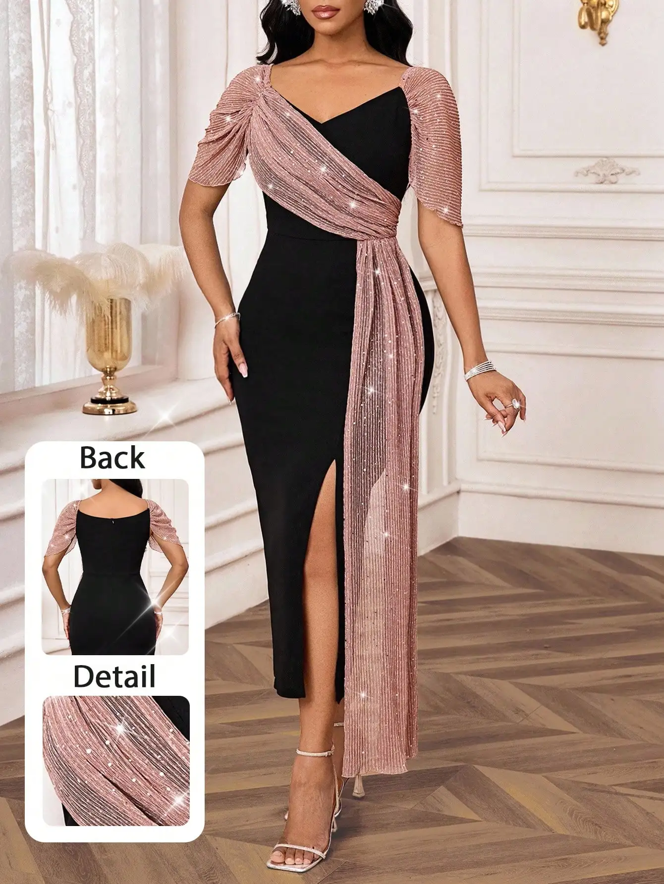 

Black & Rose Gold Sequin Mesh Overlay Wrap Dress with Side Slit