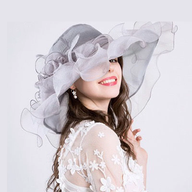 Women's Sheer Organza Wedding Hat with Wide Brim & Veil - Elegant Kentucky Derby Church Hat for Bride, Mother of Groom