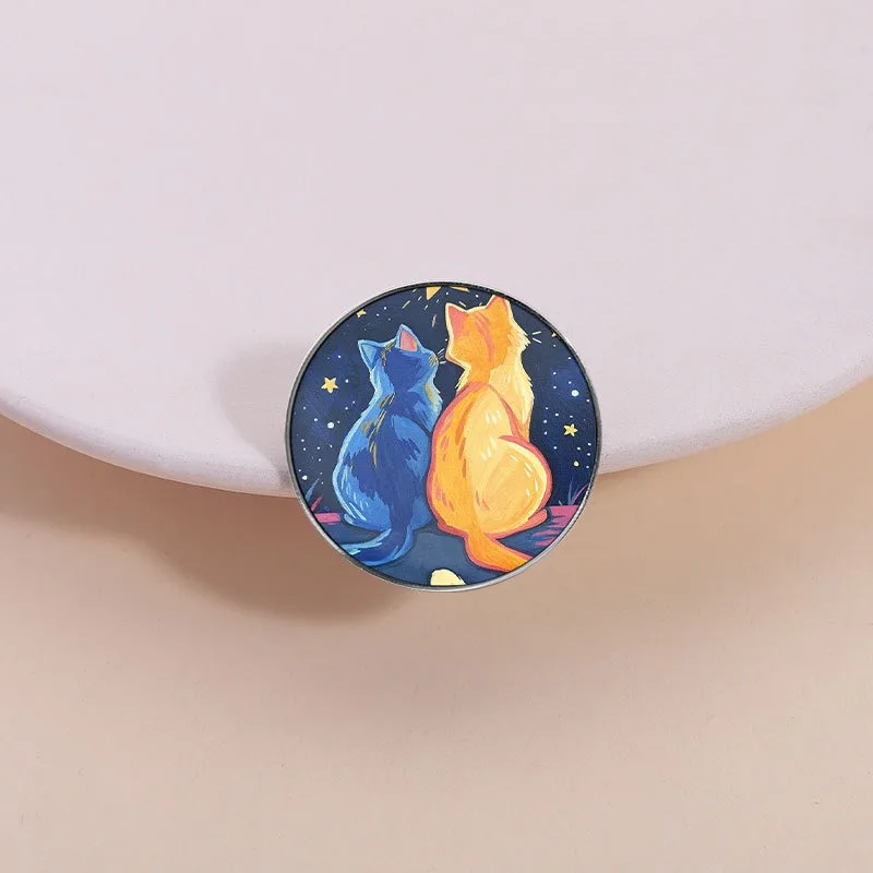 Cute Starry Sky Couple Cats Enamel Pin Galaxy Moon Night Kitten Brooch Round Lapel Badge for Backpack Cat Lover Gifts