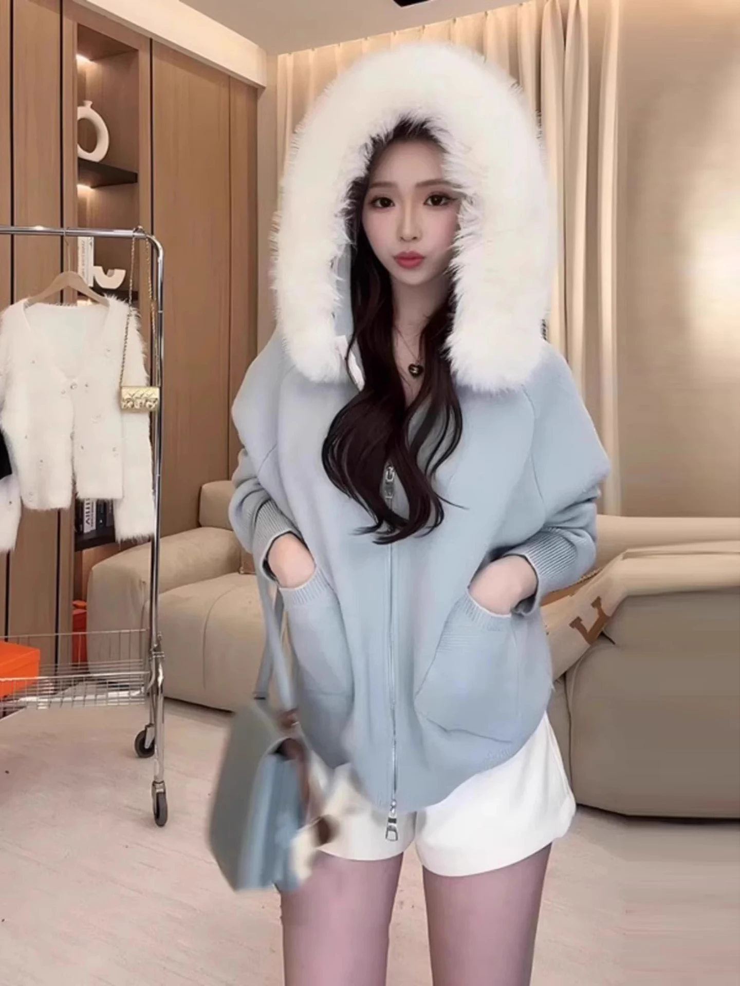 معطف نسائي محبوك مع ياقة فرو، تصميم جديد للخريف والشتاء، كارديجان قصير محبوك، معطف سترة أنيق وعصري