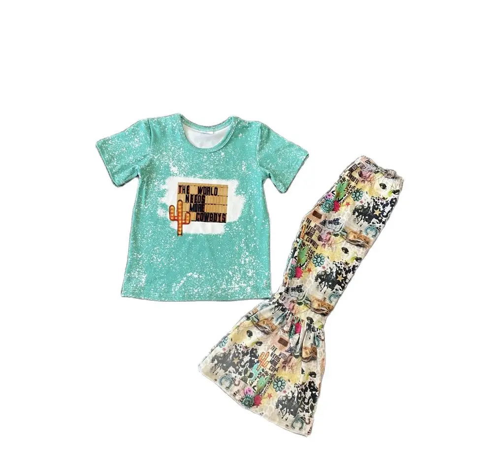 

Wholesale Summer Girls Short Sleeve Top Cactus Print Bell Bottom Pants Set Boutique Girls Western Clothing