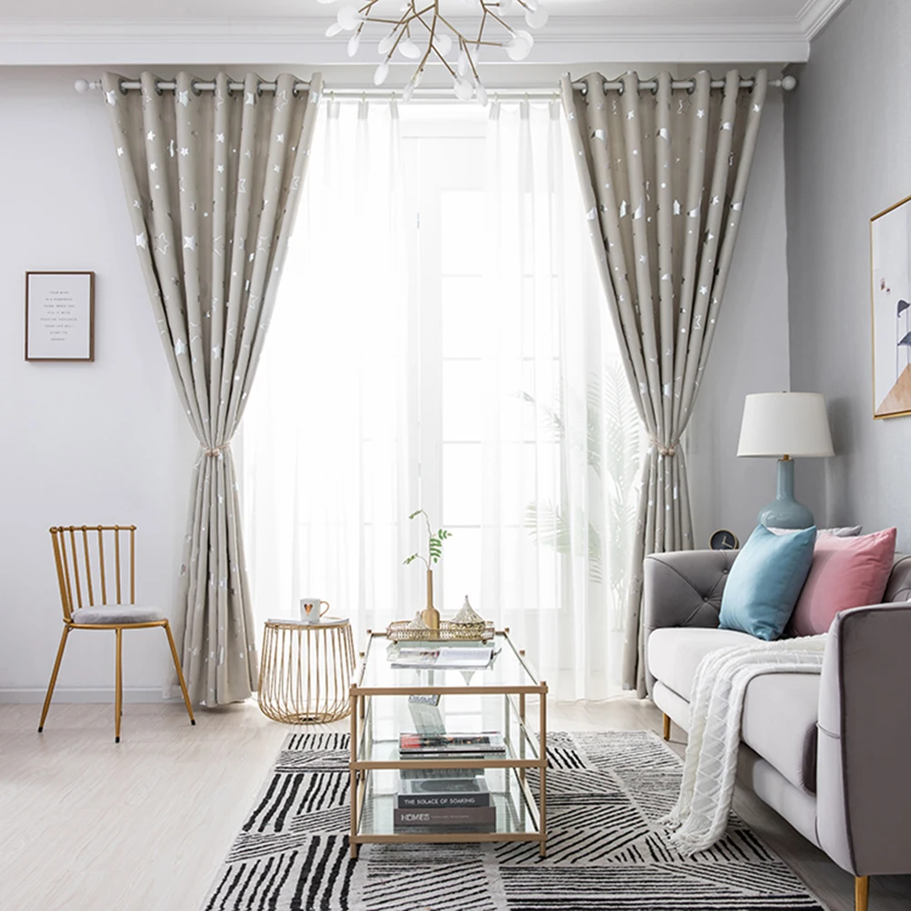 

1Pcs Beige Blackout Thermal Curtain 100x130cm Silver Stars Moon Pattern Simple Window Curtain for Bedroom Living Room Use
