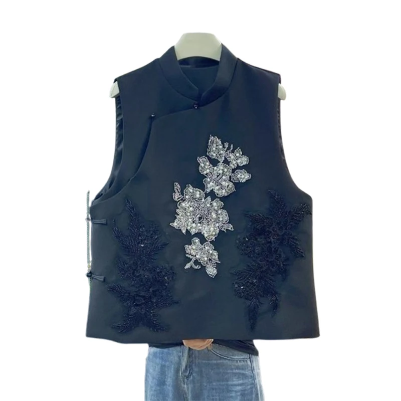 Bloemen geborduurd zwart vest dames retro Chinese vintage etnische stijl mouwloze tops oversized
