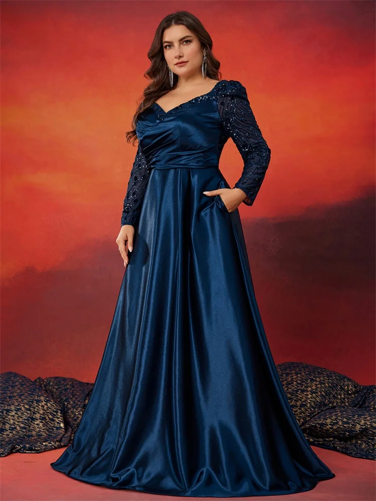 Lucyinlove Plus Size Elegan V-neck Satin Blue Evening Dress Women Long sleeve Sequin Party Prom Floor Lenght Cocktail Dresses