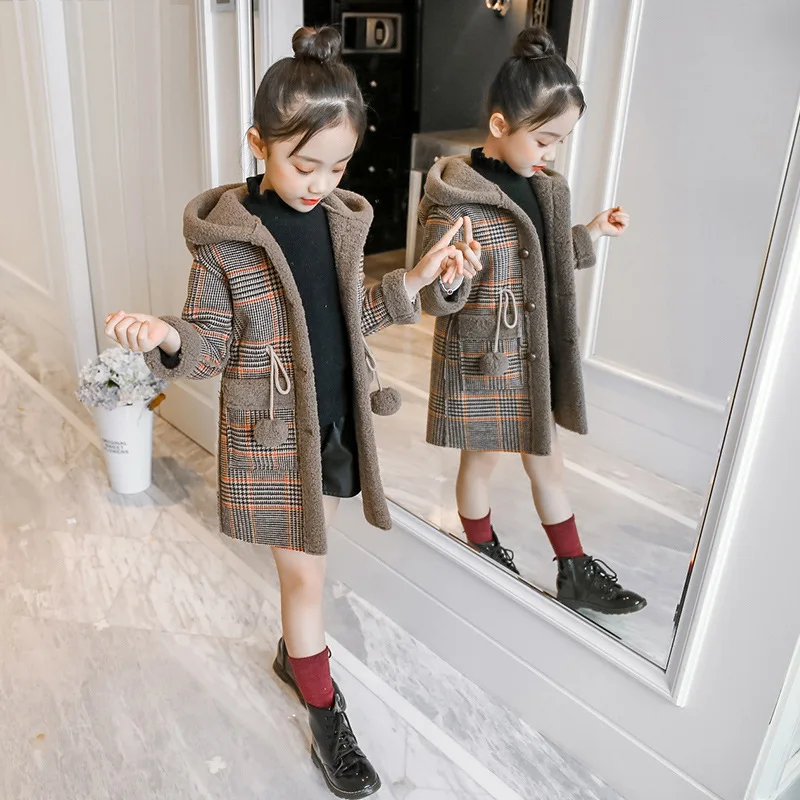 

Fashion Girls clothing Jackets Autumn Winter parka Clothes Medium Long coat windbreaker Plaid Thicken Lamb Children Woolen Coats