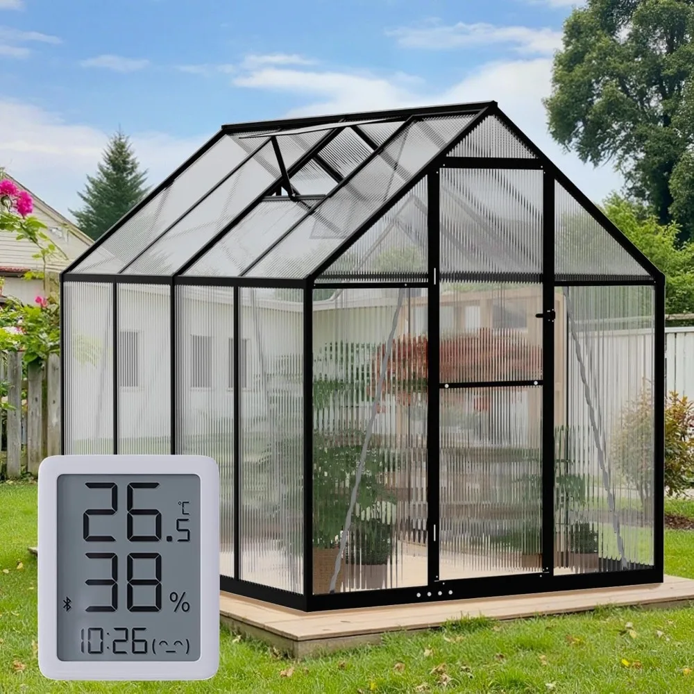 

6x8FT Outdoor Greenhouse, Polycarbonate Green House, Small Walk-in Greenhouse with Vented Roof Window, Windproof Aluminum Frame