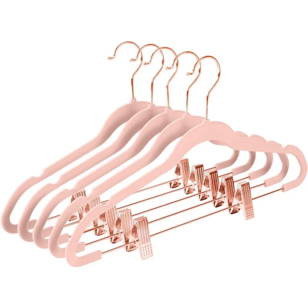 Space Saving Shirt Clothes Velvet Pants Slim Skirt Hangers with Clips Non Slip Felt Outfit Dress Hangers White Rose Gold Hooks