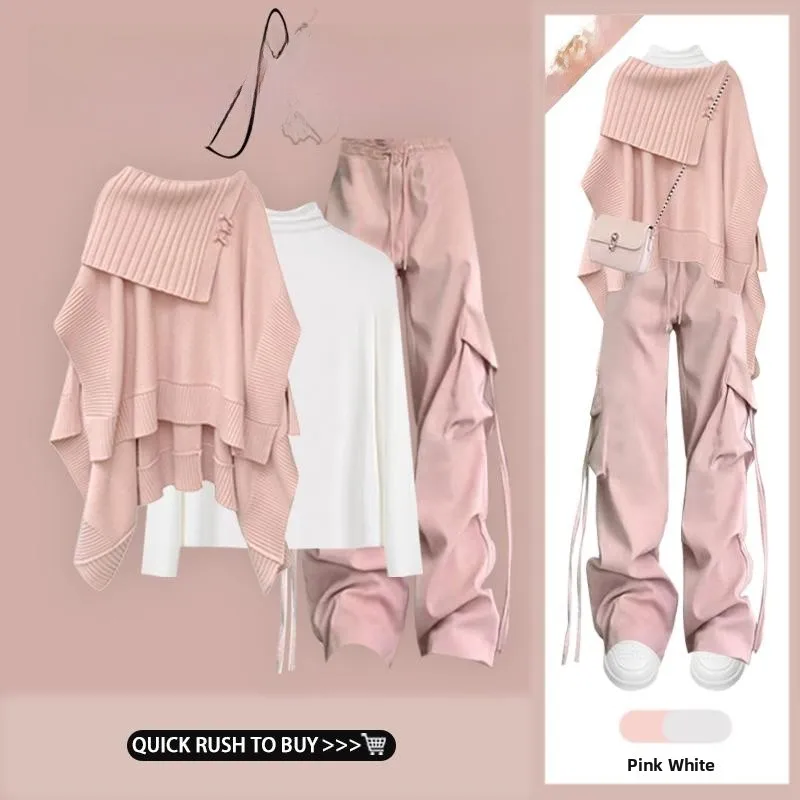 

Laid-back Style Knitted Coat High Waist Loose Workwear Pants Three-piece Set Comfortable Cozy Look Half High Collar Design