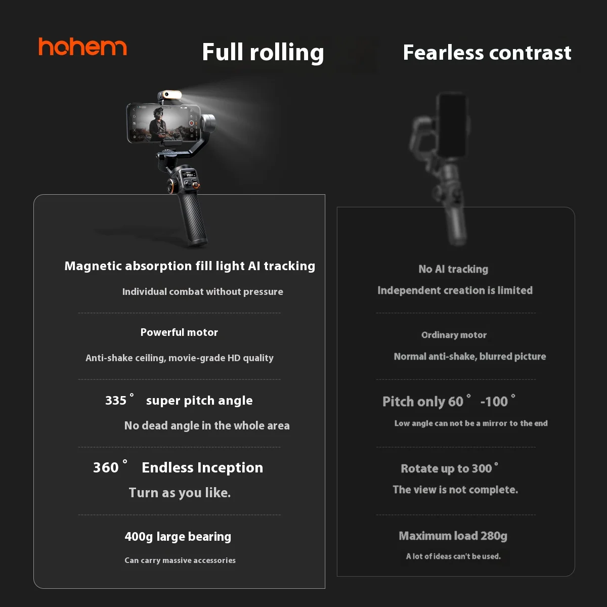 Hohem-iSteady M6 Kit Gimbal for Smartphone, 3-Axis Gimbal, AI Tracker, Fill Light, for iPhone 16 Pro Max and Android Stabilizer