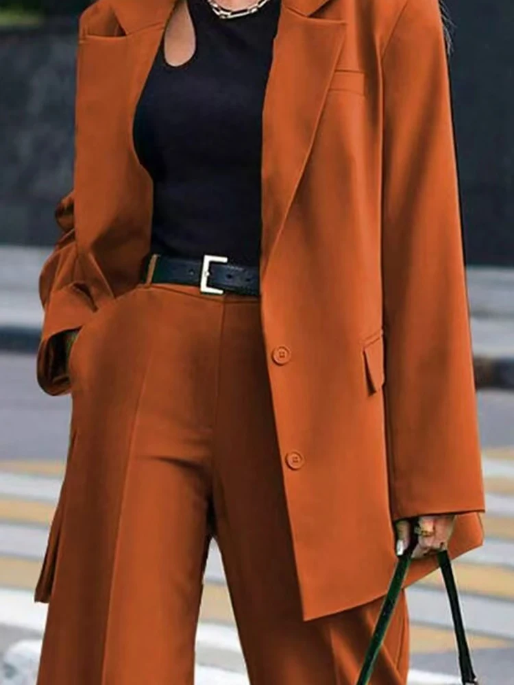 

Новый осенний однотонный пиджак с длинными рукавами, комплект из 2 предметов, модный офисный карманный прямой брючный костюм, женский элегантный профессиональный наряд