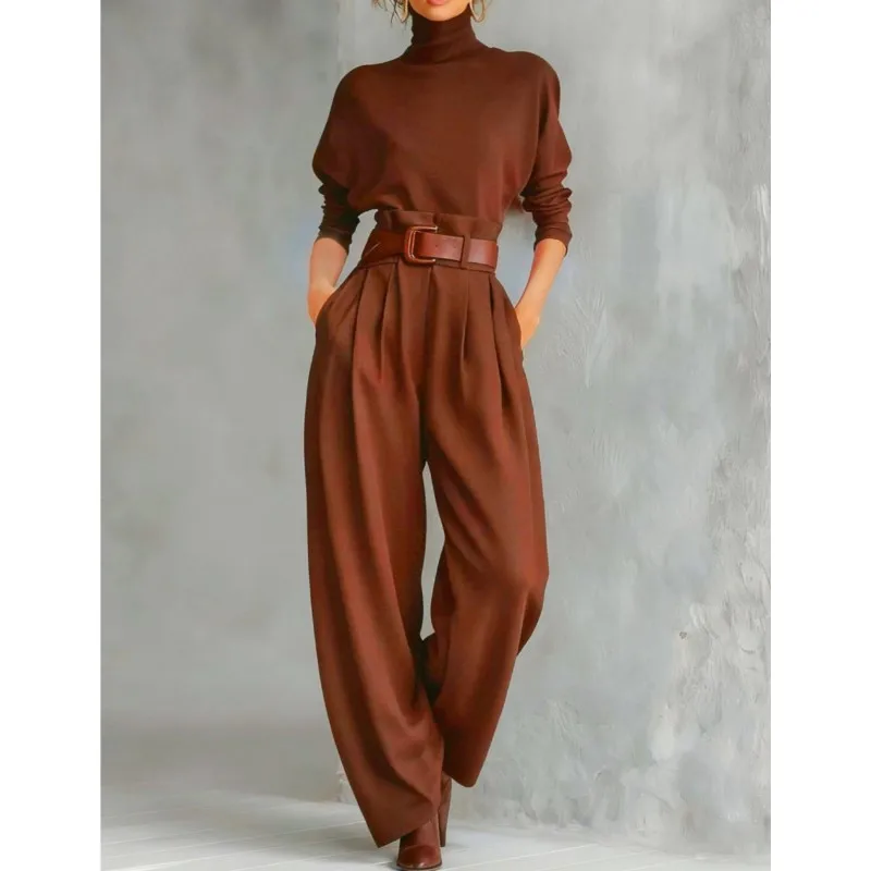 Vintage Solid Women's Two Piece Set Autumn Fashion High Collar Top+High Waist Pants Suit Ladies Casual Office Outfit With Belt