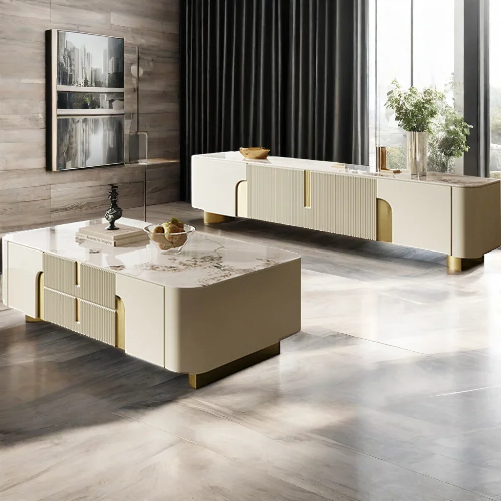 

Luxury TV Unit Cabinets Living Room Furniture MDF Modern Style Wooden TV Cabinet and Central Table