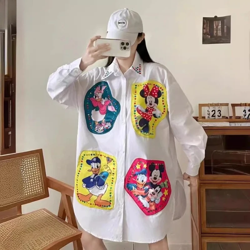 

Модная рубашка с мультяшным принтом, свободная повседневная блузка средней длины, стильный топ оверсайз на пуговицах для повседневной носки