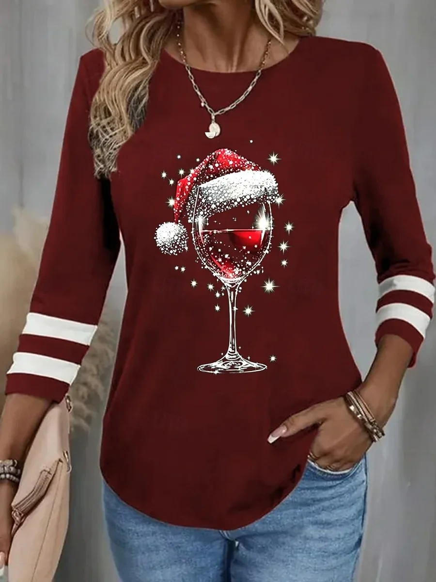 عيد الميلاد النبيذ الأحمر الزجاج 3D الطباعة المرأة طويلة الأكمام تي شيرت أزياء طاقم الرقبة اليومية مهرجان حزب عارضة الملابس النسائية #4