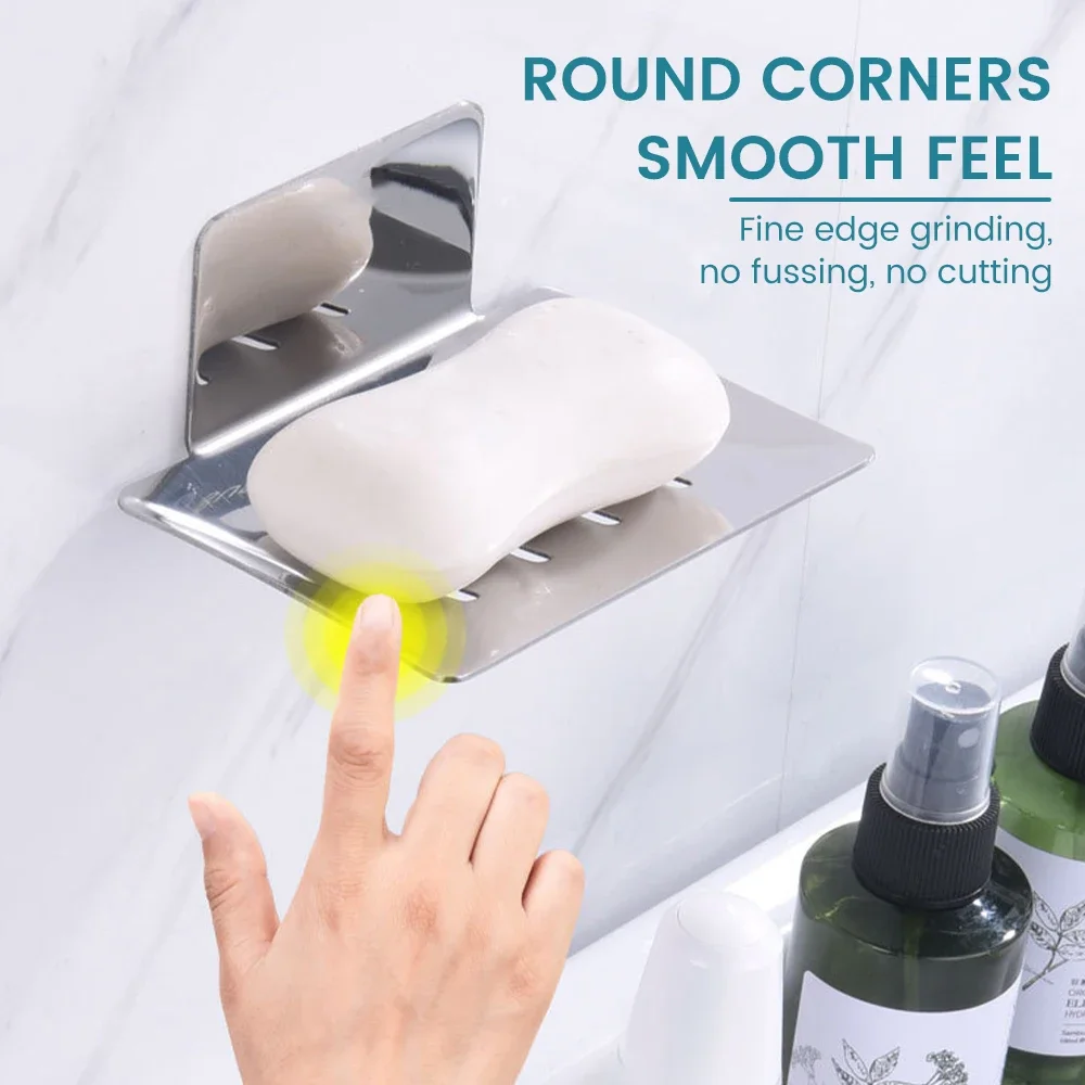 304 Stainless Steel Soap Dishes Self-adhesive Wall Mounted Bathroom Soap Holder Rustproof No Drilling Soap Sponge Tray