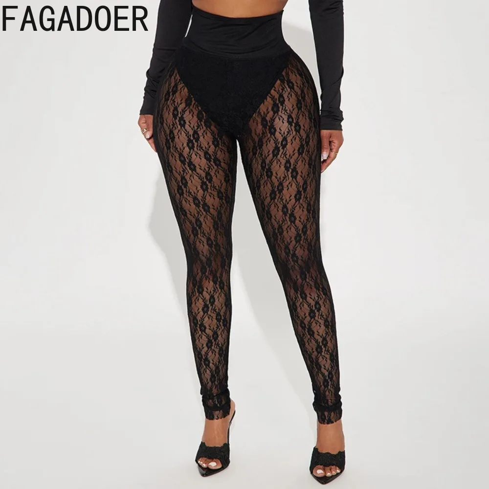 FAGADOER Sexy Lace Patchwork Bodycon Pants Women Solid Color Hollow-out See Through Pants Female Streetwear Bottoms Spring New