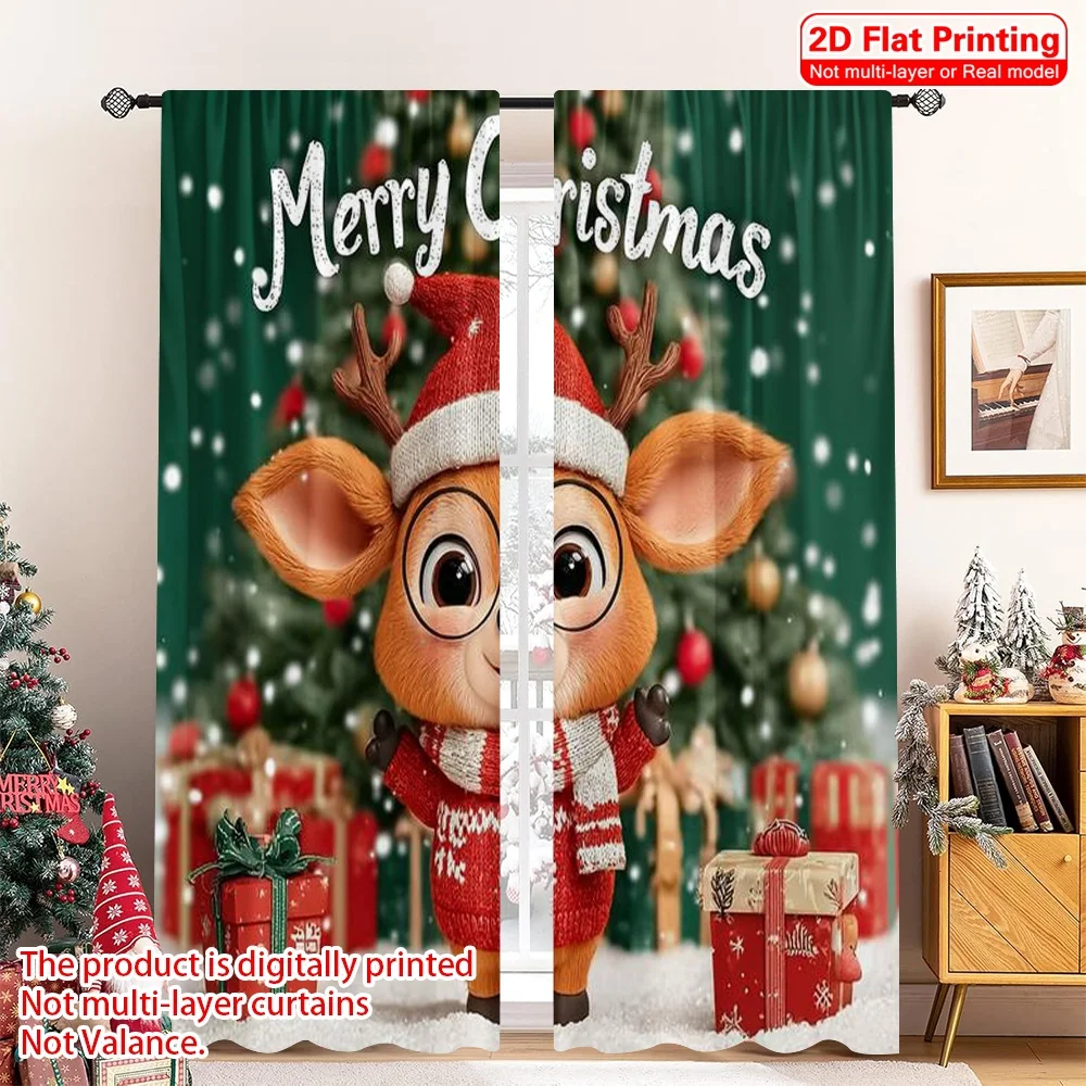 

2pcs 2D flat printing Merry Christmas Party Curtains Reindeer snowflakes Durable Polyester Without Electricity Festive Holiday