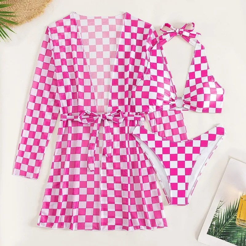 New Sexy Beachwear Bikini With Cover Up Swimming Suit For Women Bikinis Set Swimsuit Woman Swimwear Pink White Plaid Costumes