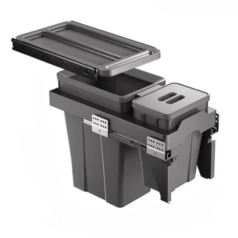 

Встраиваемое кухонное мусорное ведро с двумя отсеками для сортировки отходов, выдвижная корзина для бумаг, скрытый органайзер для уборки