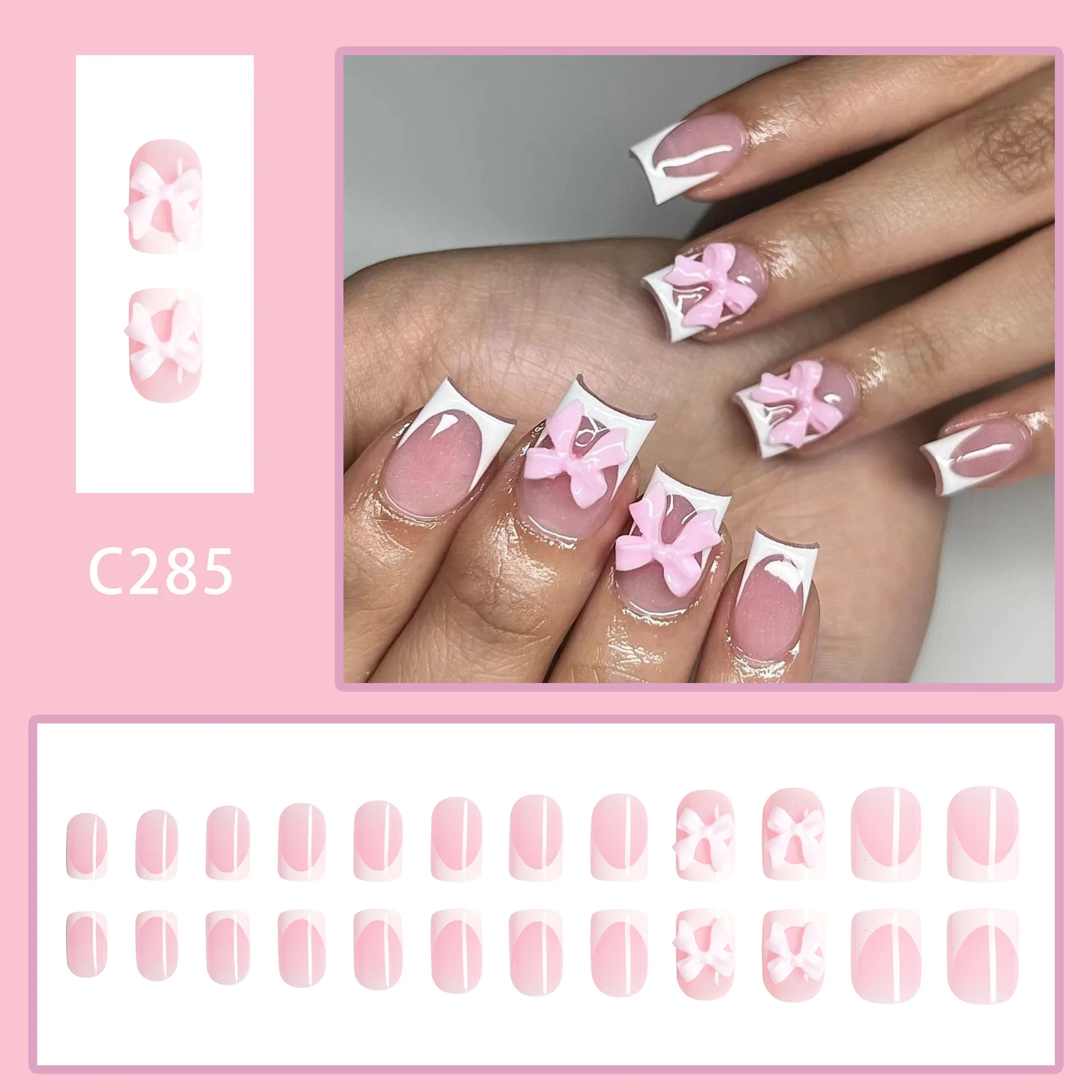 24Pcs Press on Nails White French Tip Fake Nail Pink Full Cover Glue on Nails 3D Pink Bow Nail Charm Design Glossy False Nails