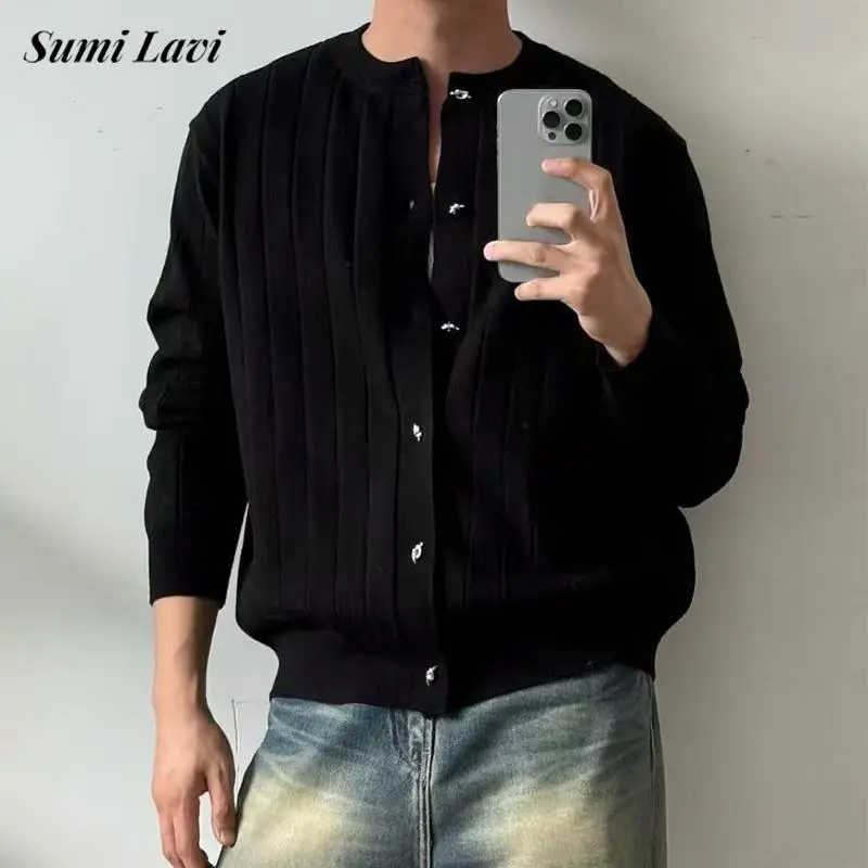 

Стильные мужские вязаные куртки с круглым вырезом на пуговицах, весенне-осенние винтажные однотонные свитера в рубчик, мужские модные вязаные кардиганы