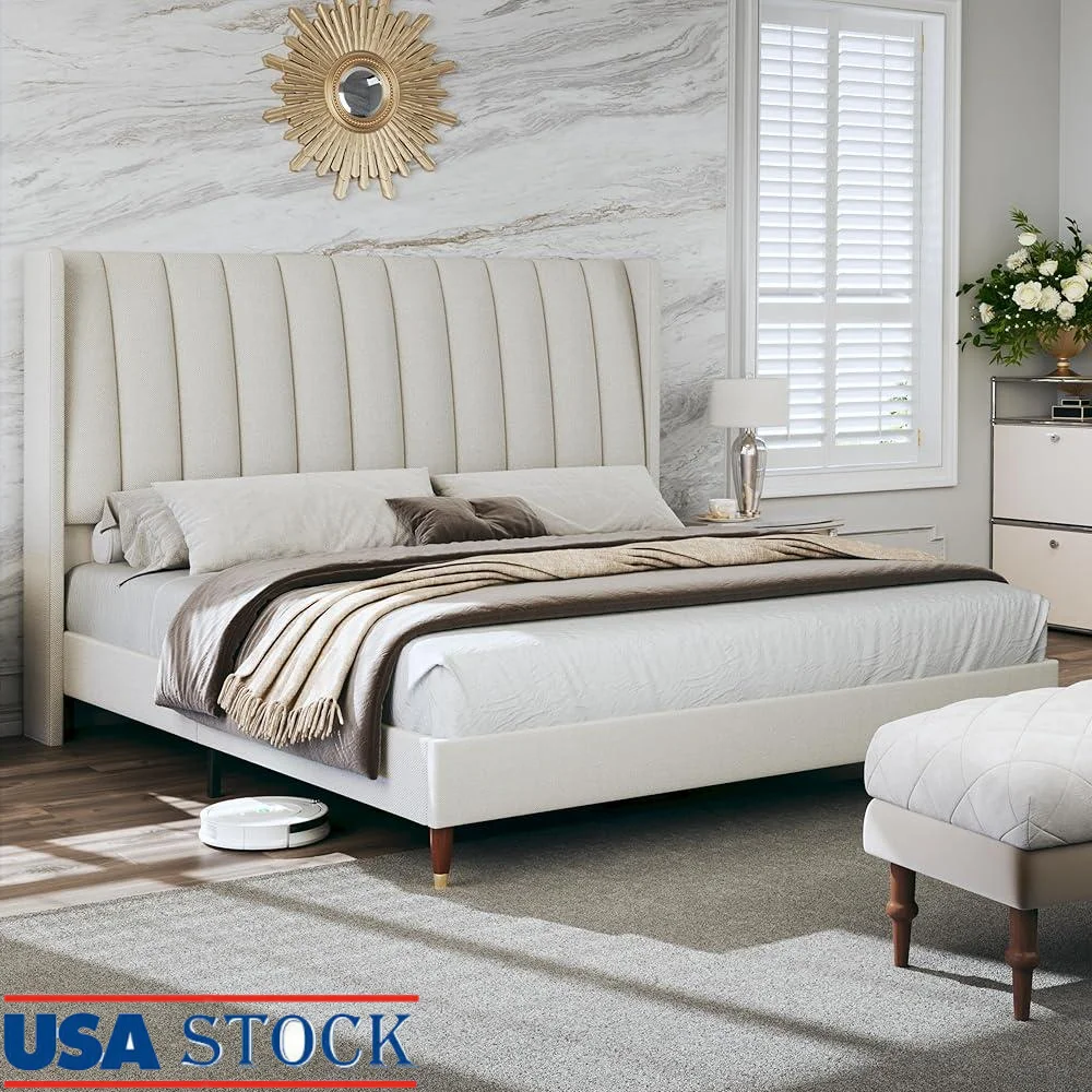 Queen Bed Frame Upholstered Vertical Channel Headboard with Wood Slats No Box Spring Durable Strong Platform Mattress Support