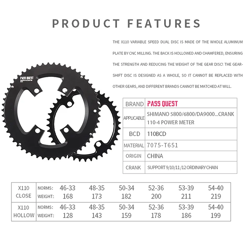 Pass Quest 110bcd Chainring for Shimano 5800 6800 DA9000 110bcd Double Chainring 4 Bolt 48/35T 50/34T 52/36T 53/39T 54/40T 2X