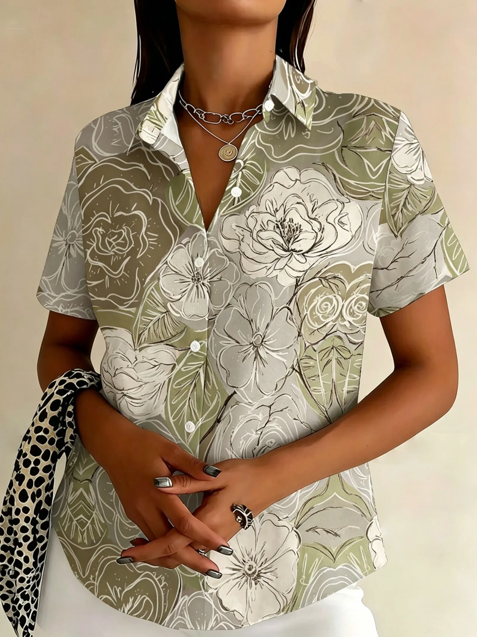 Women's Spring Summer Lapel Shirt, Vintage Line Drawing Floral Leaf Print Casual Tops for Daily Vacation Beach Street Outfit