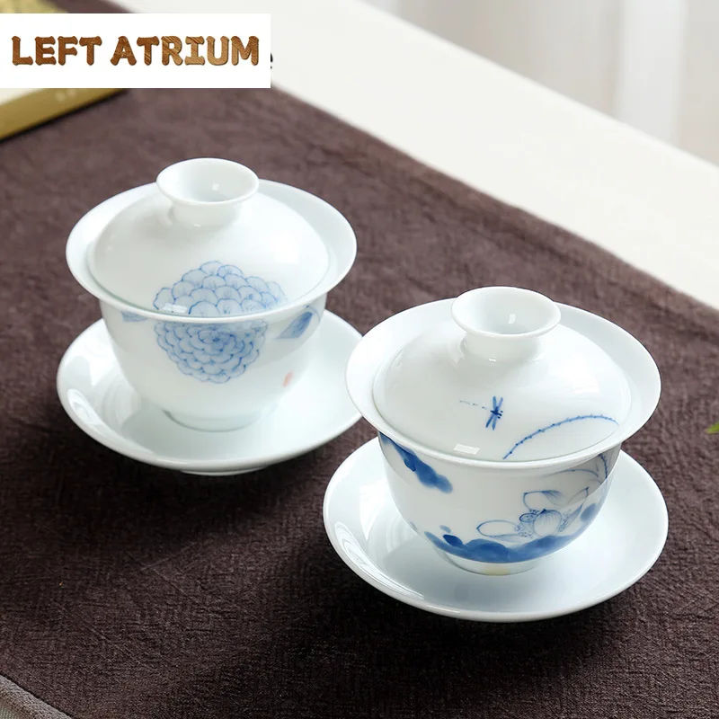 

225 мл Dehua, ручная роспись, белая фарфоровая миска с крышкой, китайский стиль, керамическая миска для приготовления чая большого размера, чай Кунг-фу, Sancai Gaiwan