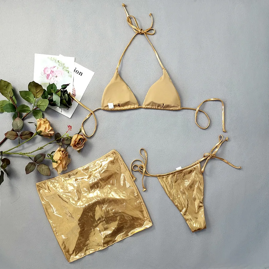 Gold Micro Thong String 3 Piece Bikini Set Damen Halter Swimwear Skirts Cover Ups Sexy Swimsuit Women 2026 Bathing Suit Bikinis