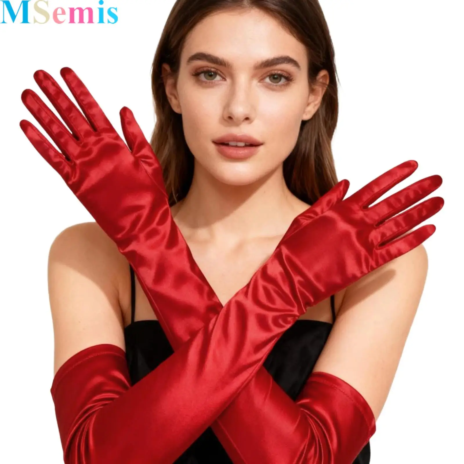 

1 Pair Women Extra-long Highly Elastic Gloves Shimmer Glossy Five-finger Gloves for Party Club Outdoor Activities