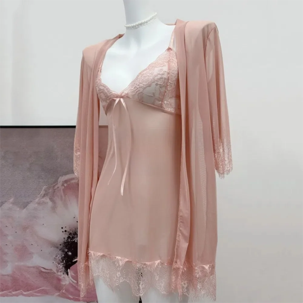 透明レースサスペンダー寝間着ディープ V ネックアイスシルクメッシュスリングネグリジェ女性ランジェリー背中の開いたパジャマローブセットホーム