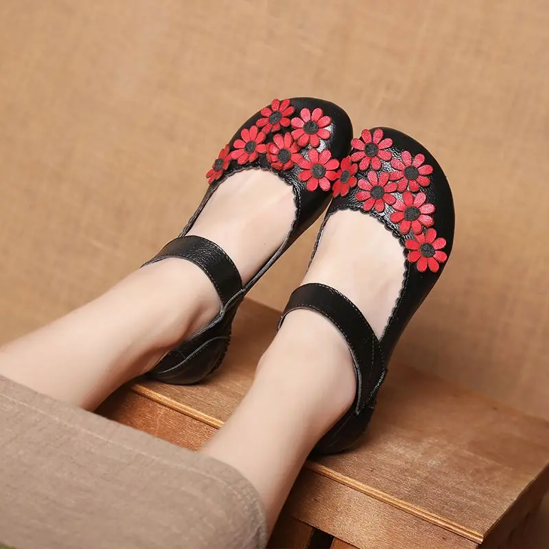 

1930 vintage floral mary jane flats ladies cosy strappy shallow shoes elderly women's moccasin mom driving loafers woman sandal