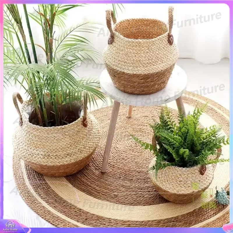 Natural Seagrass Woven Belly Basket Pet Bed Cat Dog House Round Straw Storage Bin Flower Pot Planter Home Garden Decor