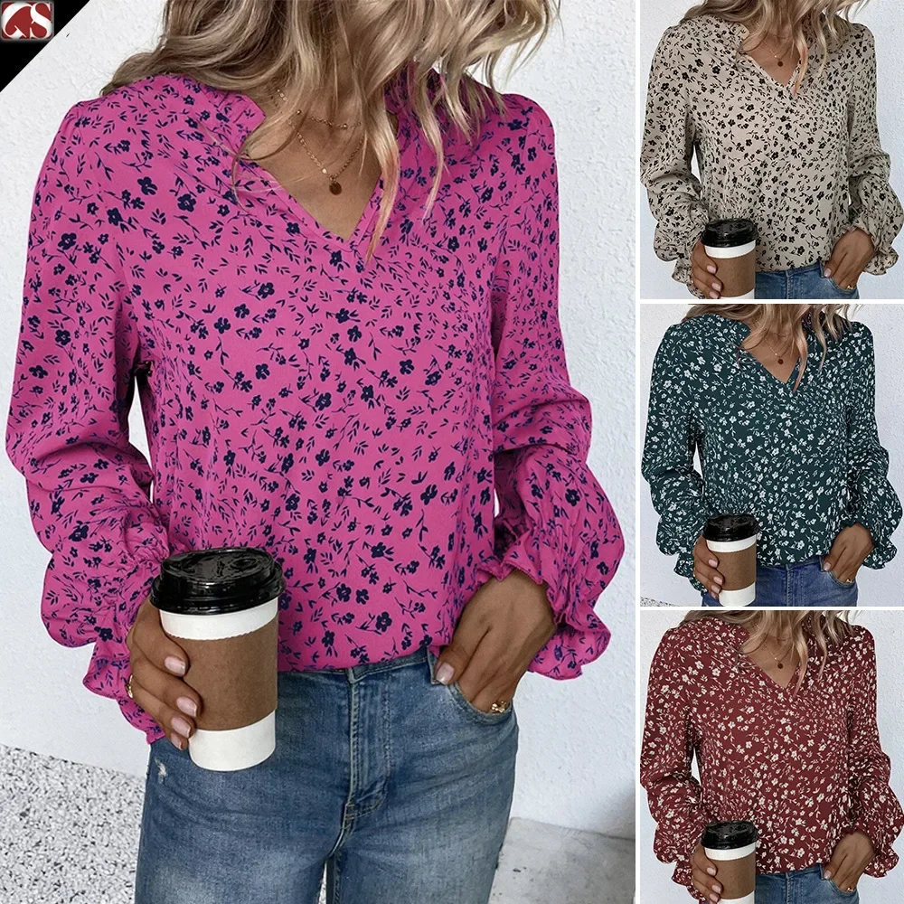 

Women Spring Summer Shirt Printing Color V Neck Long Sleeve Sheath Casual Fashion Elegant Comfortable Regular Standard Fit Shirt